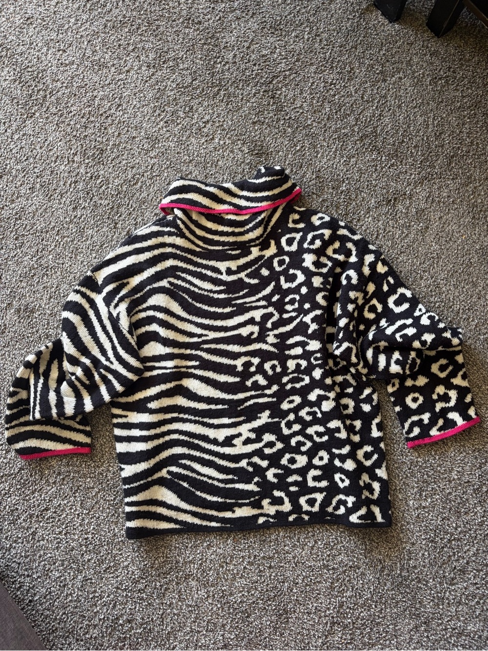Black, Ivory & Pink Mixed Animal-Print Turtleneck Sweater